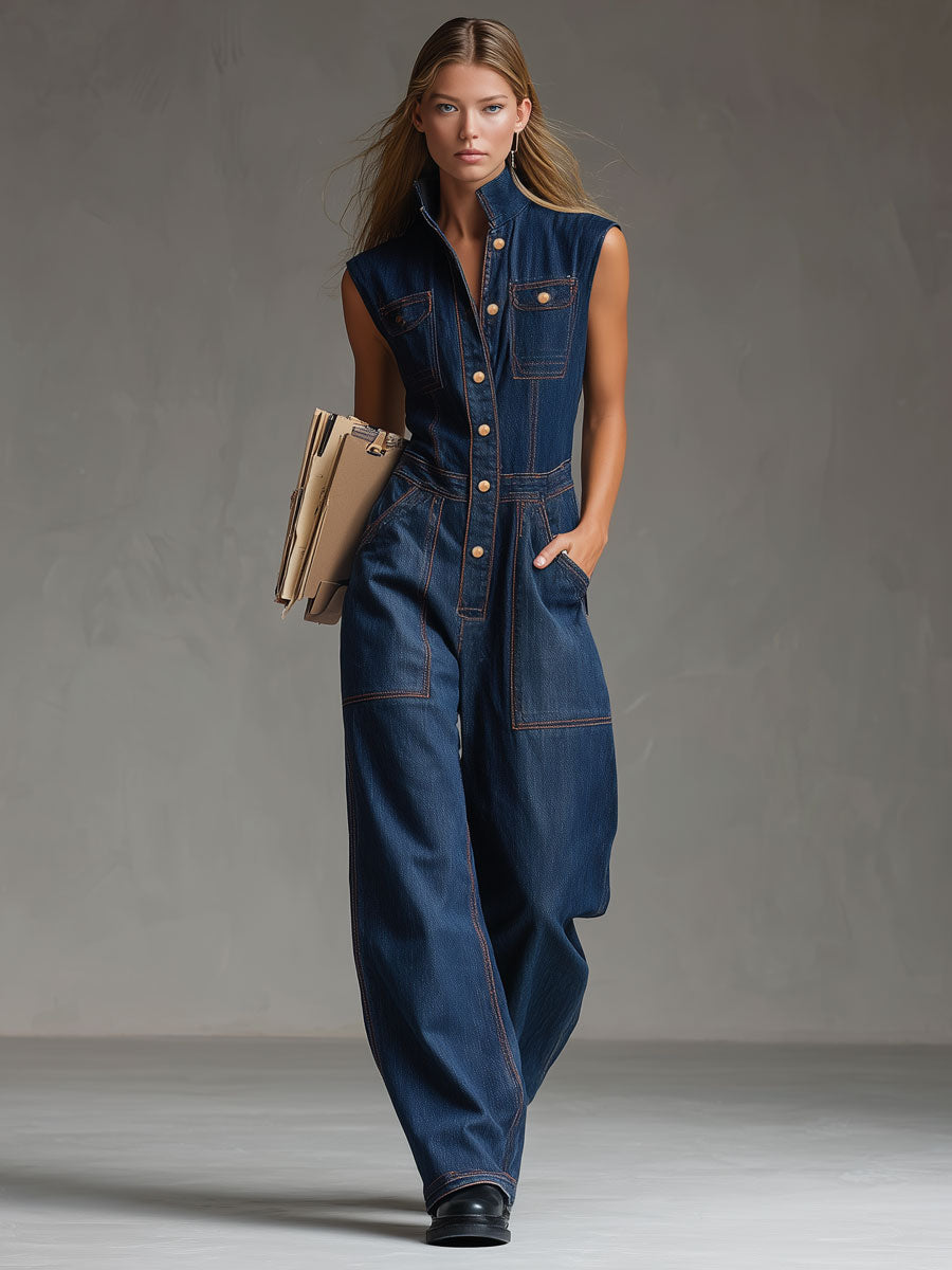 Casual Retro Multi-pocket Topstitching Dark Blue Denim Sleeveless Balloon Jumpsuit