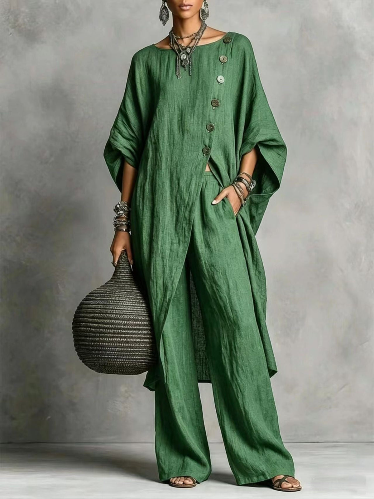 Linen Oversized Tunic & Wide‐Leg Pants Co‐Ord Set