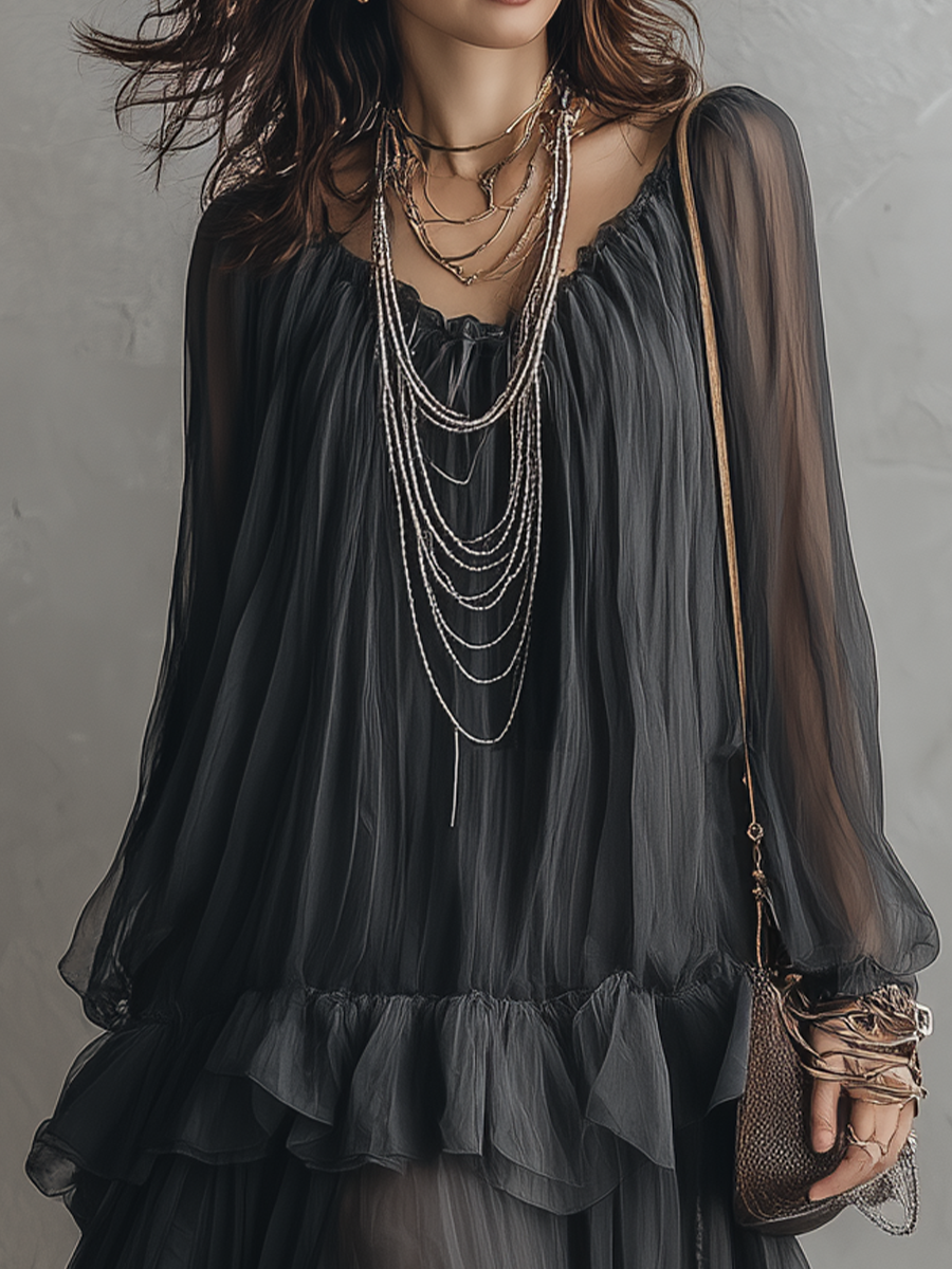 Sheer Layered Ruffle Midi Dress
