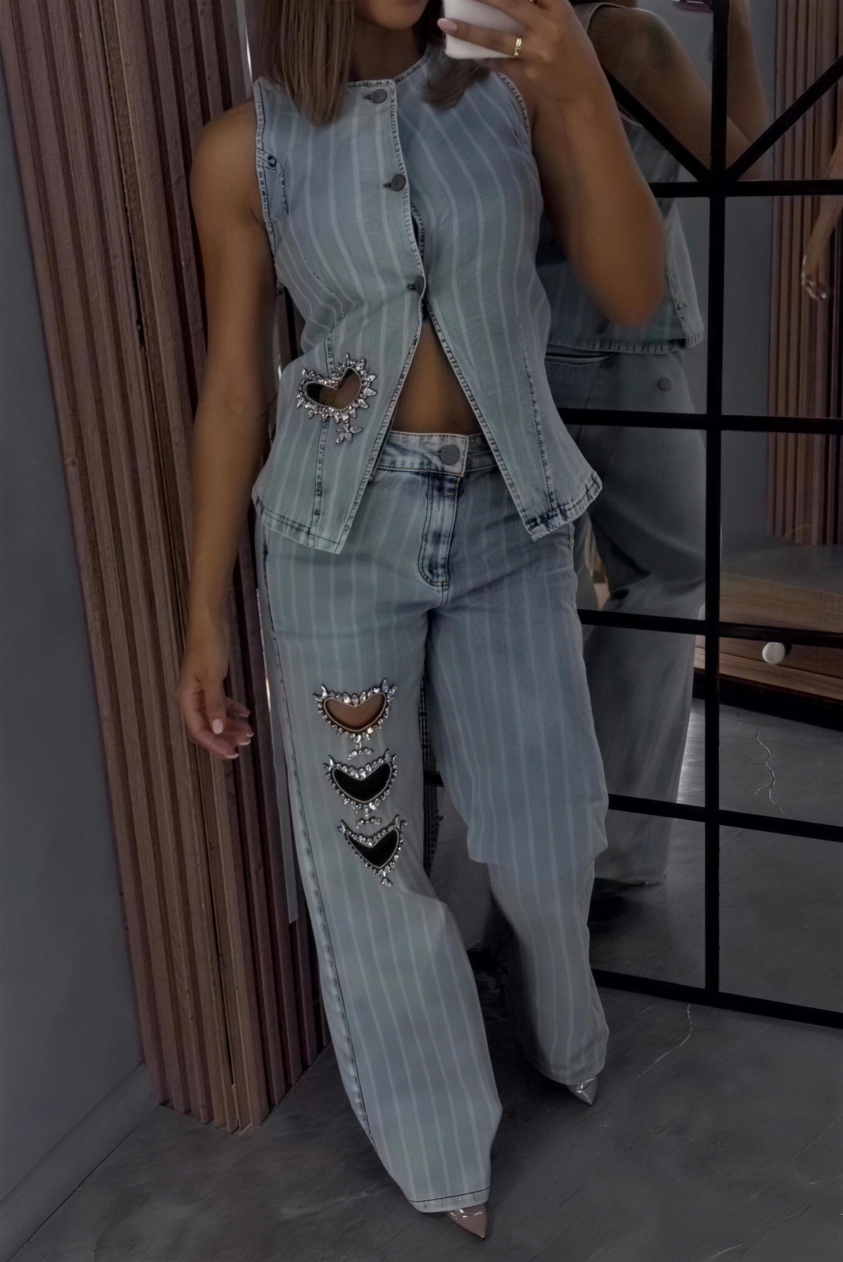Women's Heart Rhinestone Vintage Washed Stripe Vest + Jeans