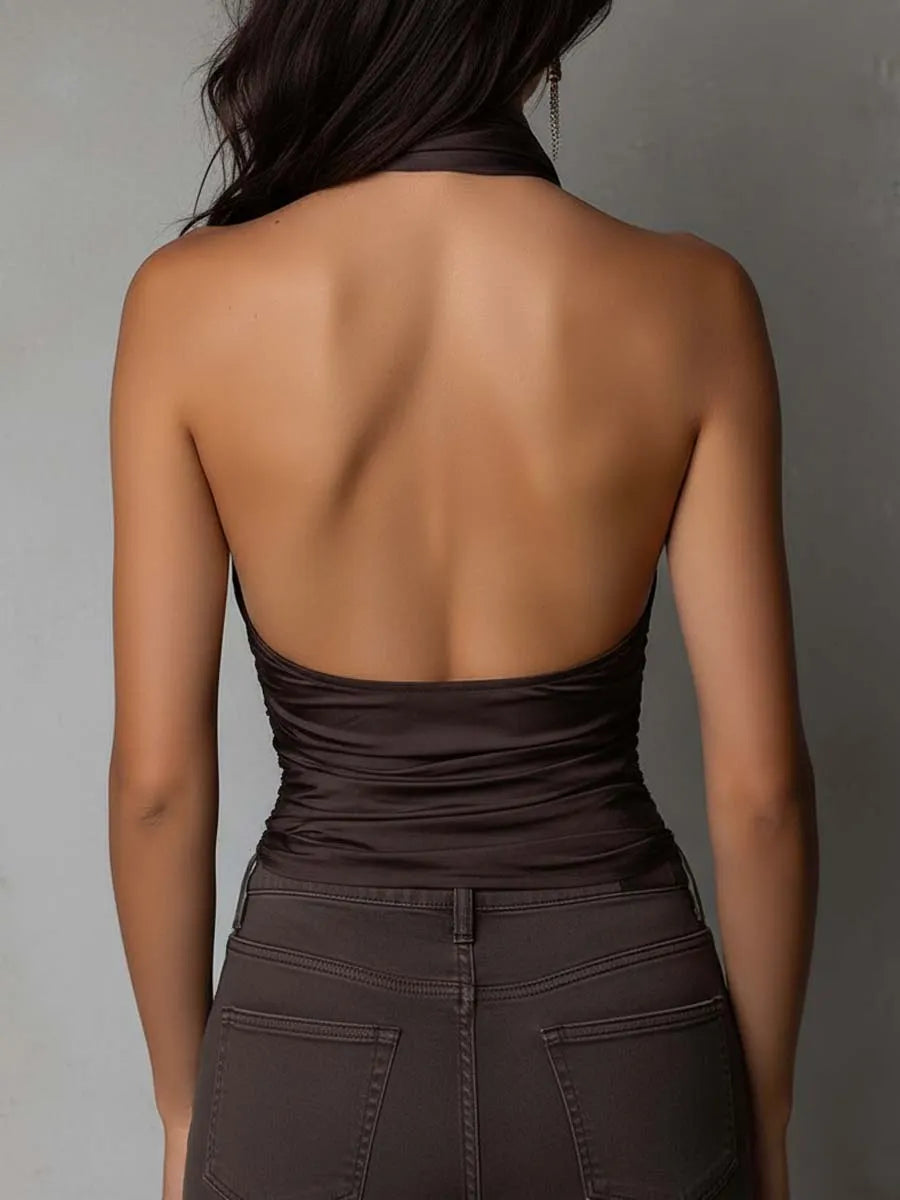 Vintage Elegant Dark Brown Satin Halter Neck Ruched Cowl Top