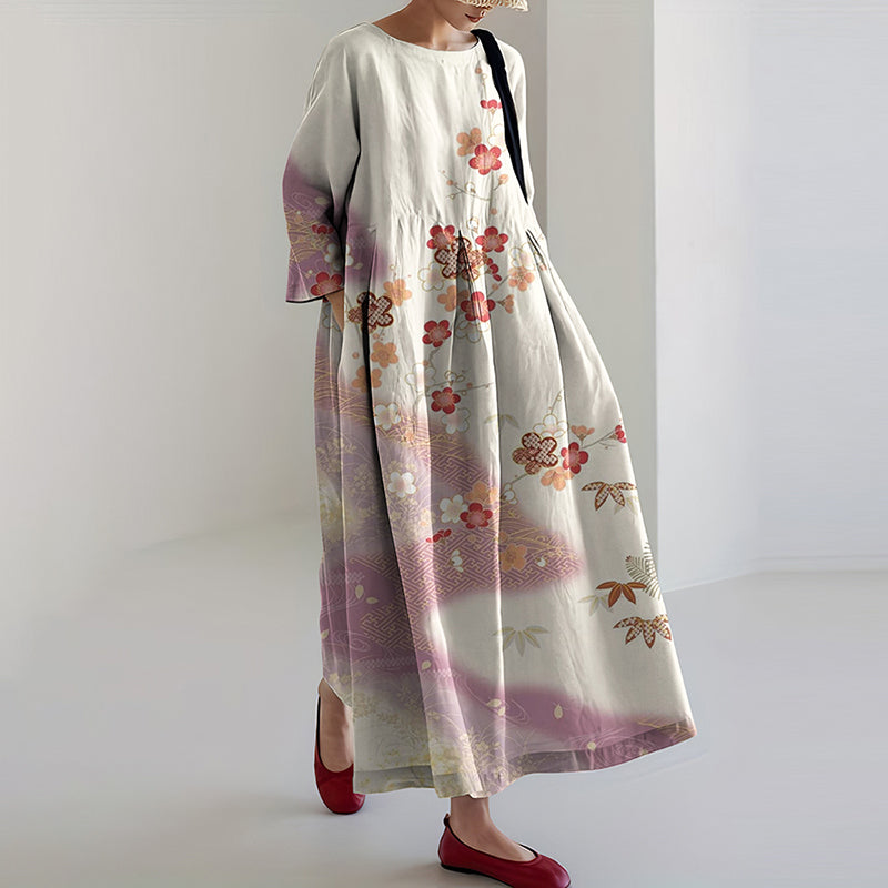 Japanese Cherry Blossoms Art Print Loose Casual Midi Dress