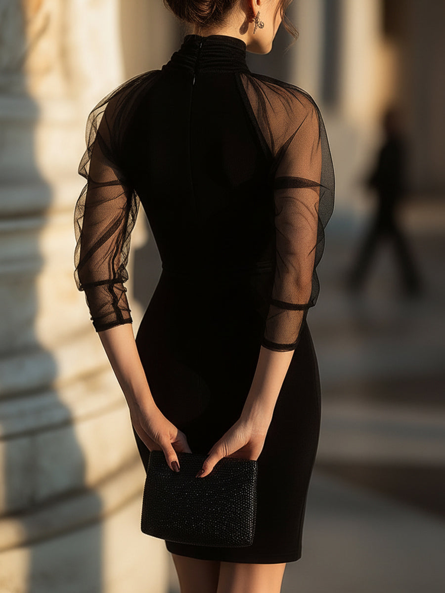 Sheer-Sleeve High-Neck Cocktail Dress