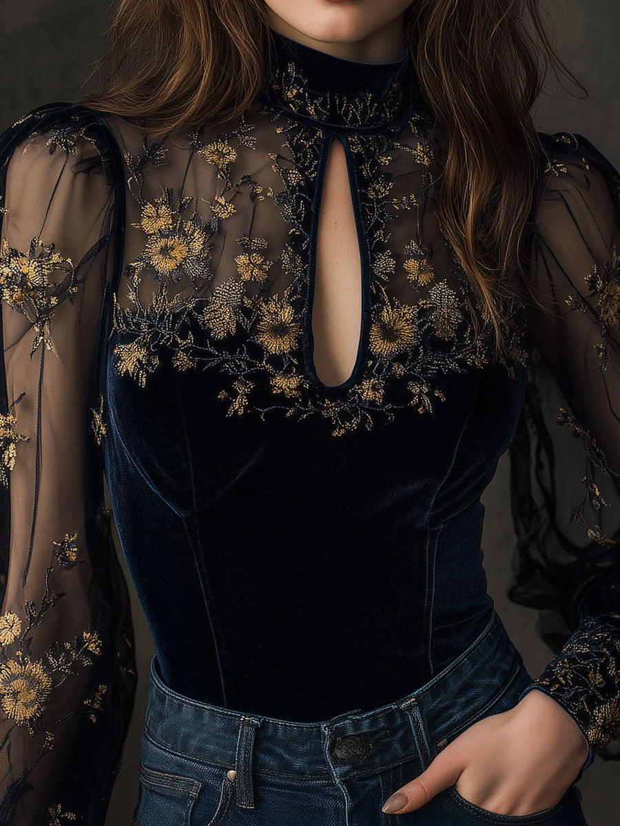 Retro Velvet Embroidered Mesh Stitching Blouse