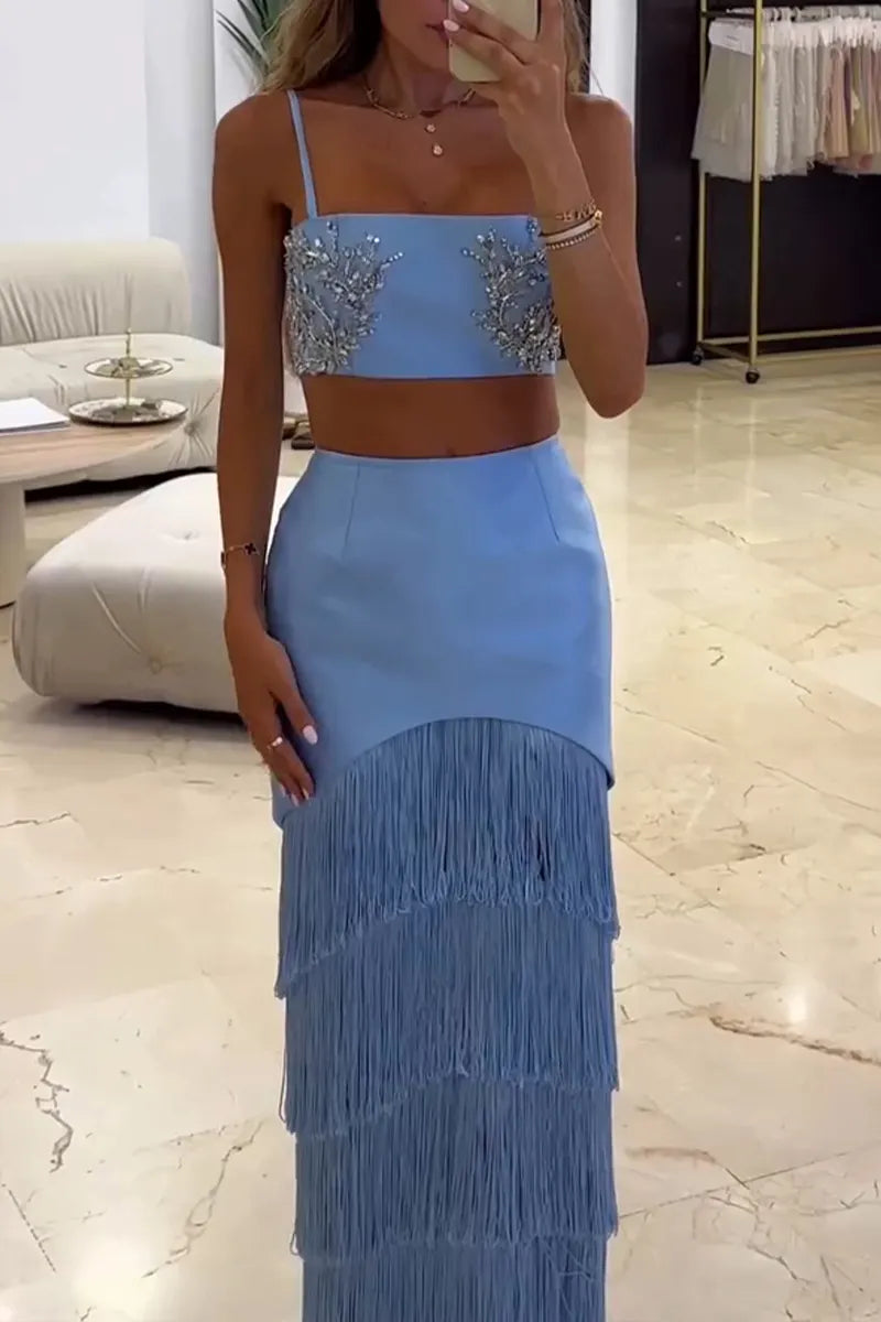 Women's Elegant Rhinestone Beaded Vest or Tiered Fringe Skirt