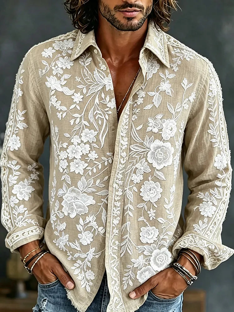 Men's Vintage Floral Patchwork Art Print Flowy Linen Blend Casual Shirt