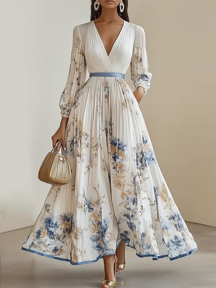 Spring New White Pleated Chiffon V Neck Floral Long Sleeve Balloon Sleeve A-Line Maxi Dress