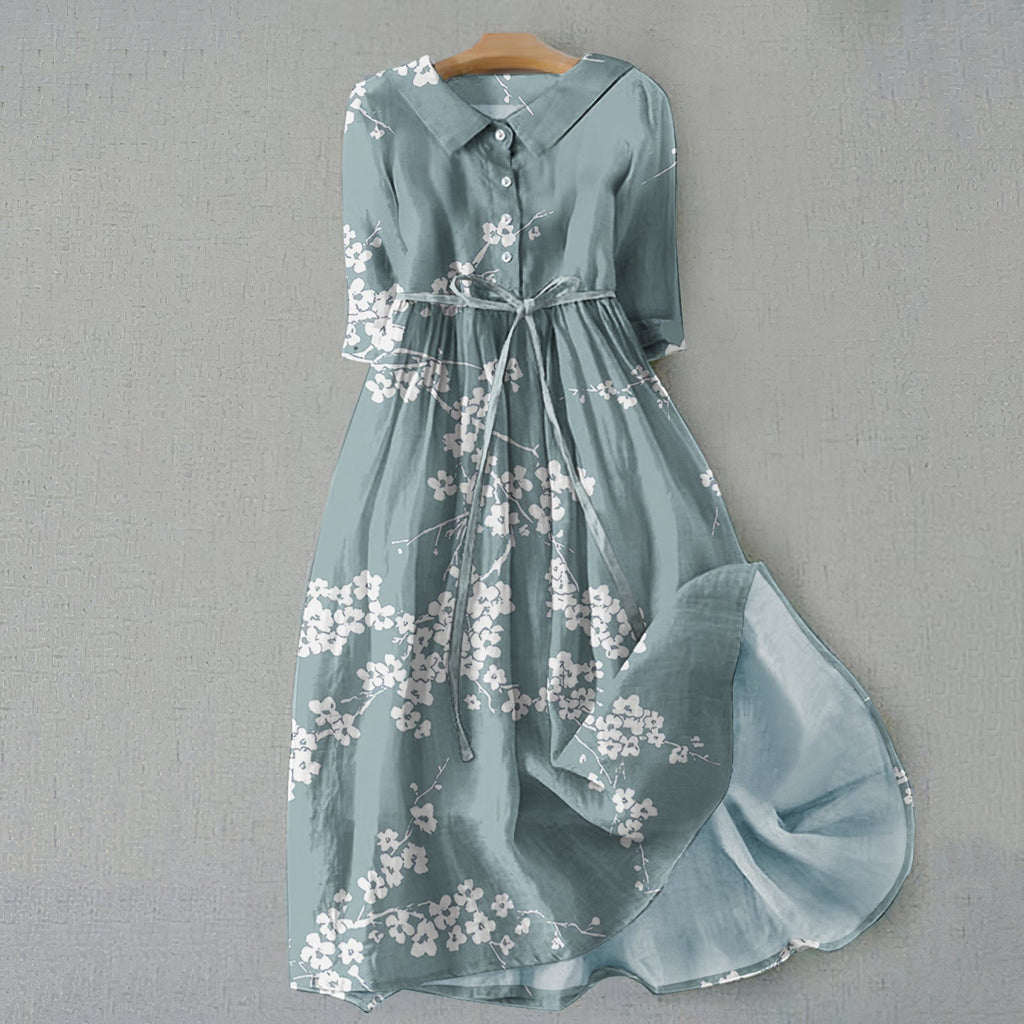 Vintage Cherry Blossom Print Lapel Lace-Up Loose Midi Dress