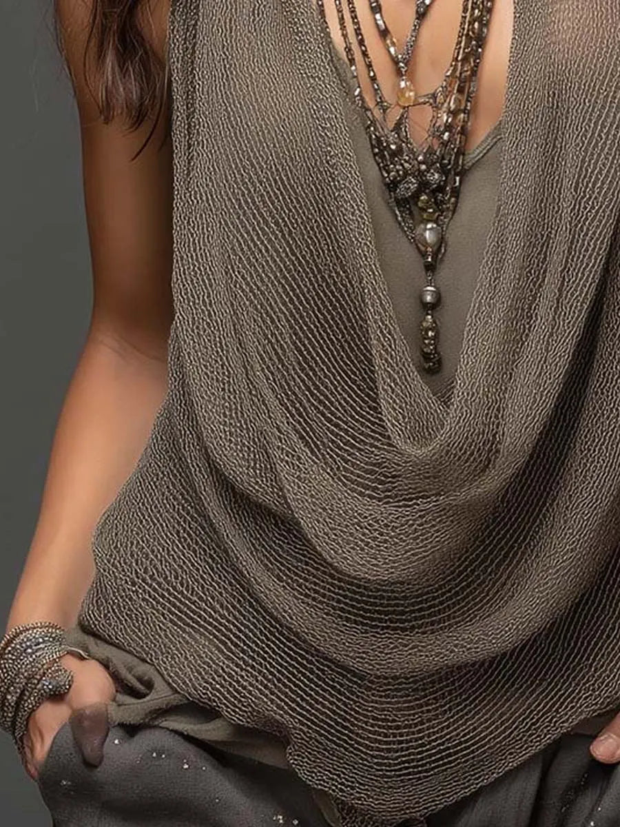 Earth-Tone Double-Layer Mesh Knit Halter Top