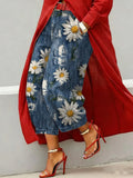 Women's Vintage Flower Art Print Casual Jeans