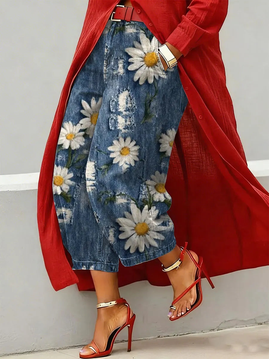 Women's Vintage Flower Art Print Casual Jeans