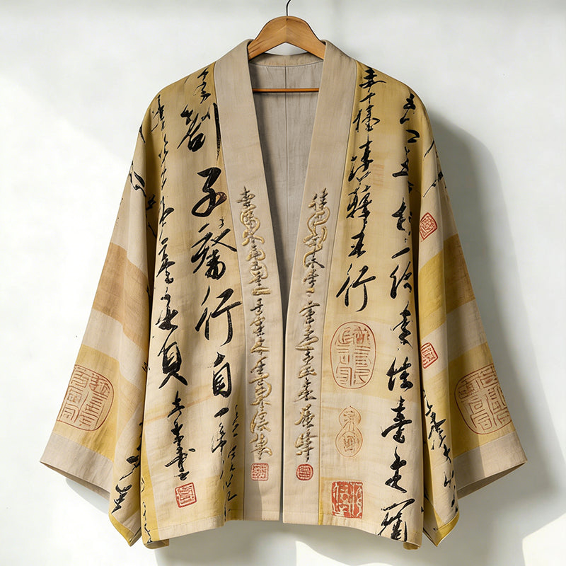 Men's Retro Calligraphy Art Print Linen Kimono