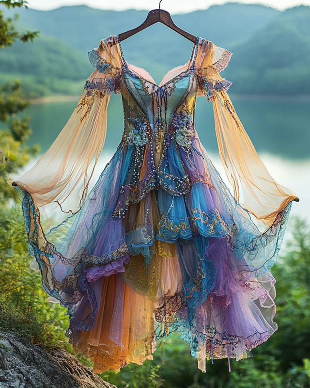 Summer Irregular Lace Patchwork BeadedRuffle Dress 3d61