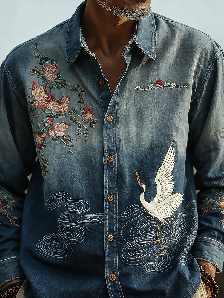 Men's Retro Japanese Cherry Blossom And Crane Art Linen Blend Shirt