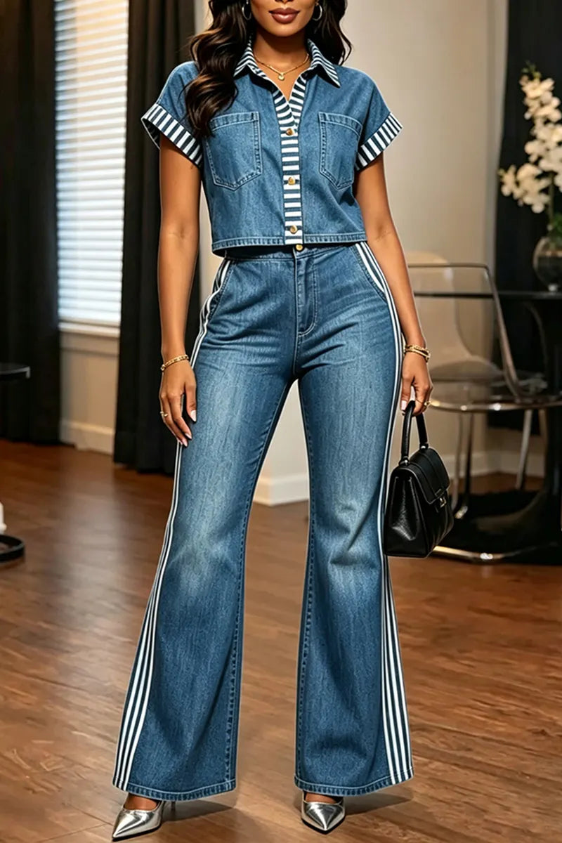 Women's Casual Stripe-Trim Denim Shirt or Wide-Leg Jeans