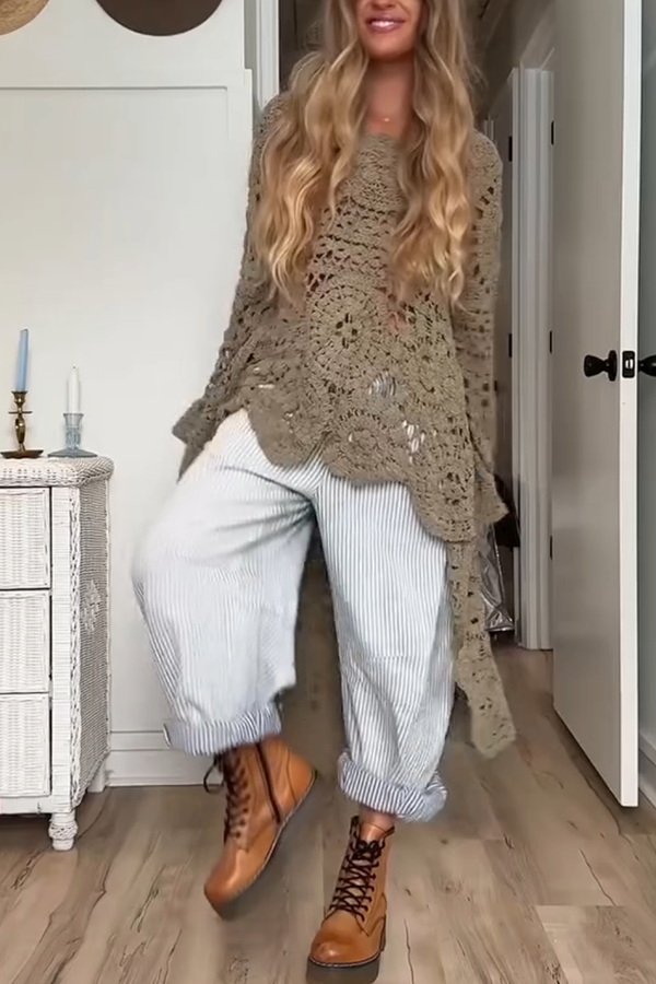 Boho Style Crochet Long Sleeve High Low A-line Maxi Top