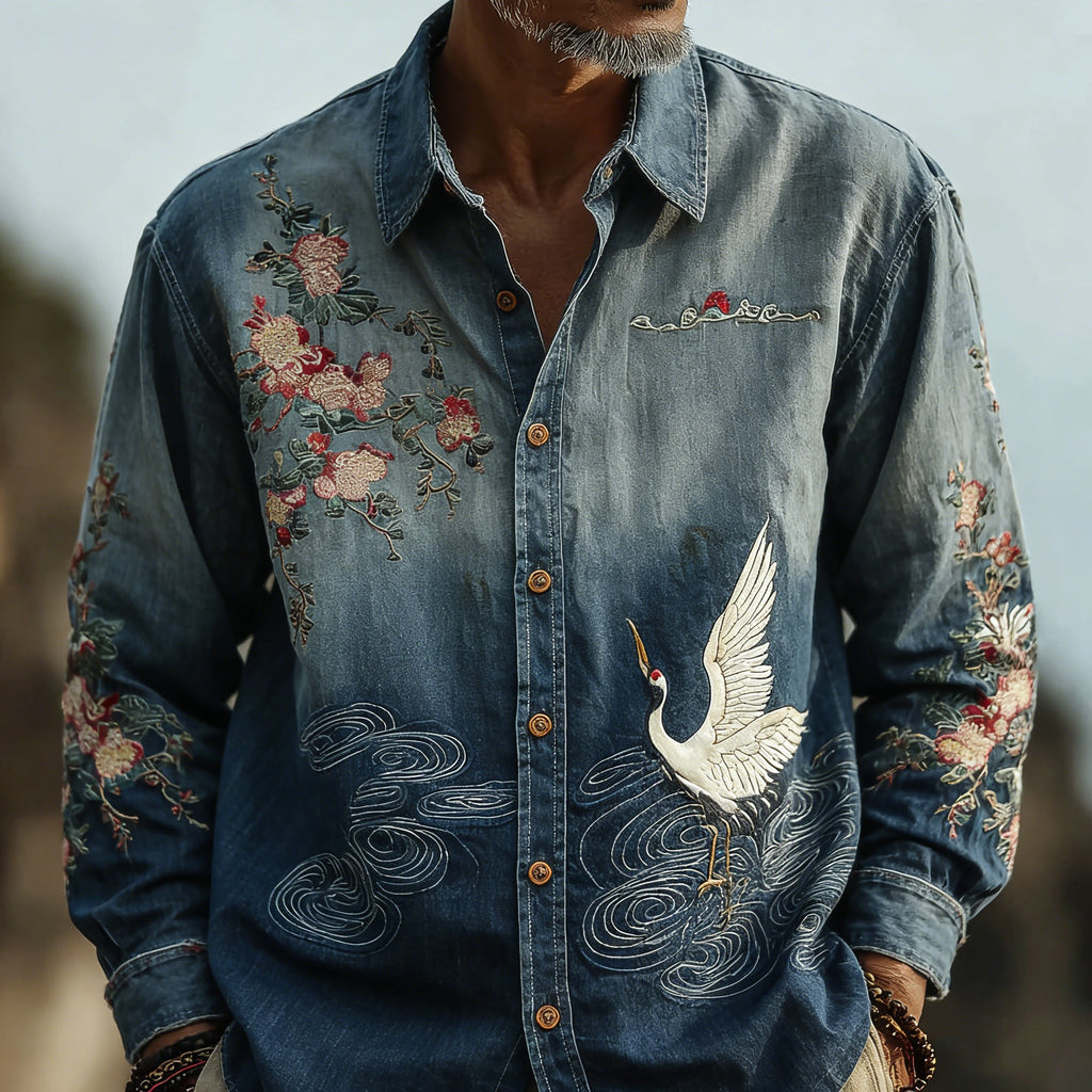 Men's Retro Japanese Cherry Blossom And Crane Art Linen Blend Shirt