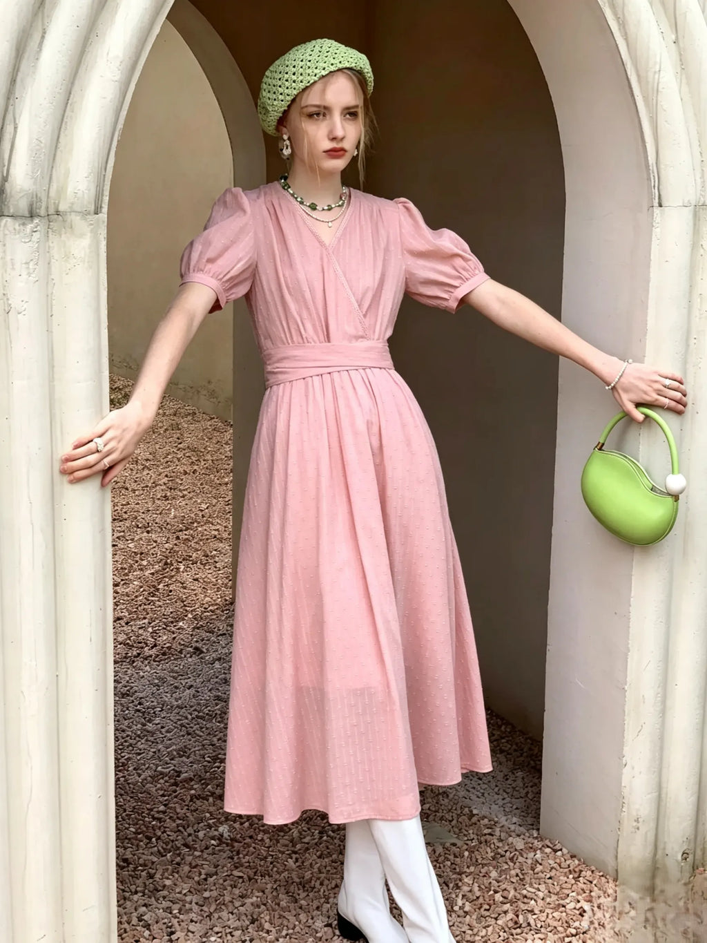 Pink Swiss Dot Wrap Midi Dress