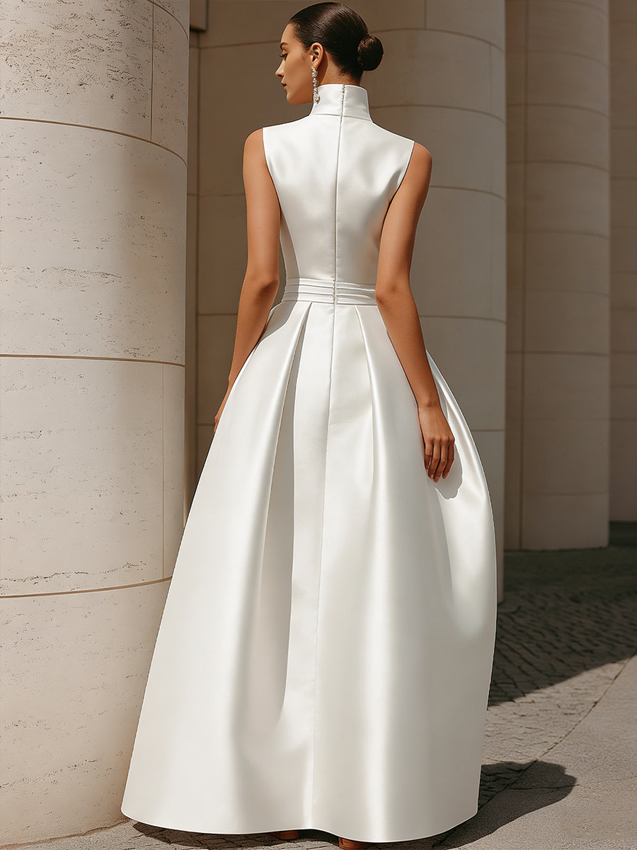 Ethereal High-Neck Sleeveless Satin A-Line Evening Gown