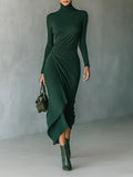Dark Green Turtleneck Pleated Irregular Wrap Midi Dress