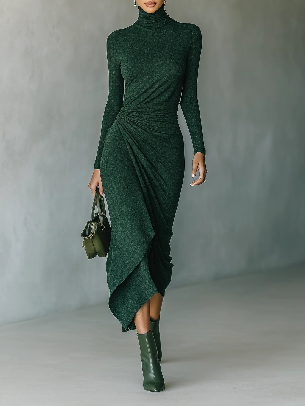 Dark Green Turtleneck Pleated Irregular Wrap Midi Dress