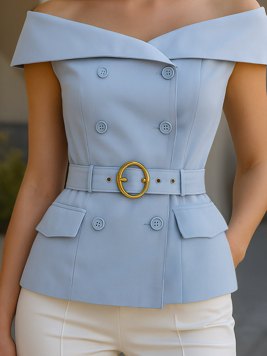 Elegant Off-Shoulder  Belted Blazer Top