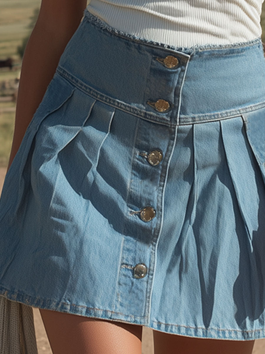 Western-style Button-down Pleated Denim Mini Skirt