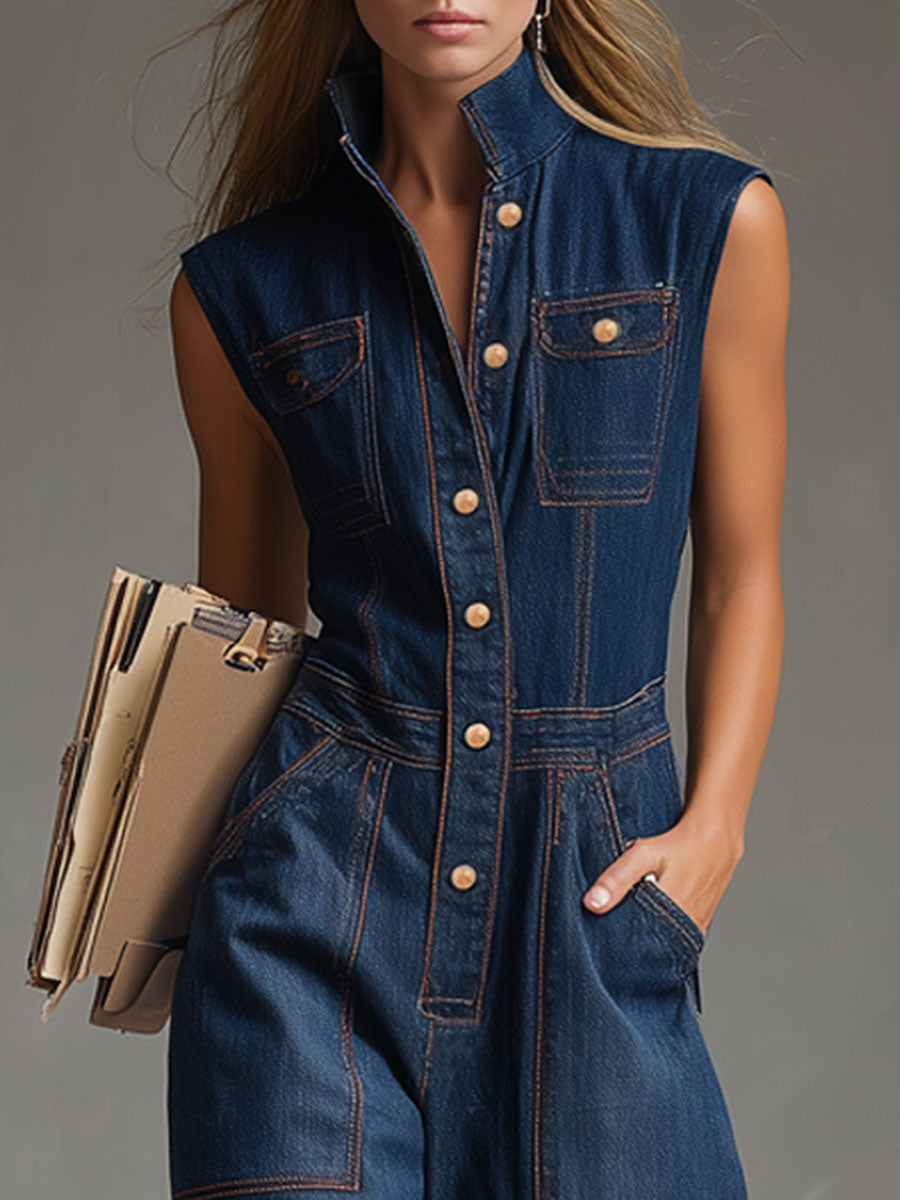 Casual Retro Multi-pocket Topstitching Dark Blue Denim Sleeveless Balloon Jumpsuit