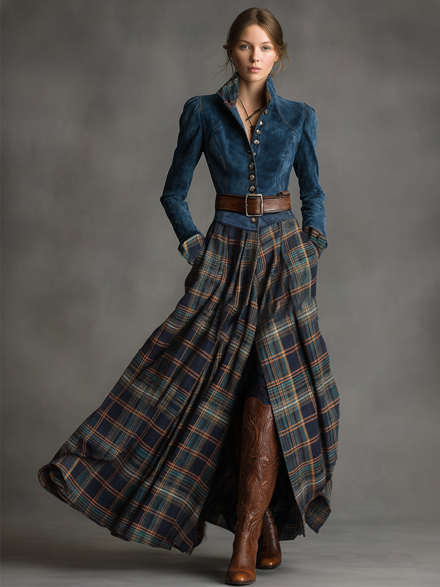 Retro Ethnic Style Belt Blue Faux Suede Plaid Maxi Dress
