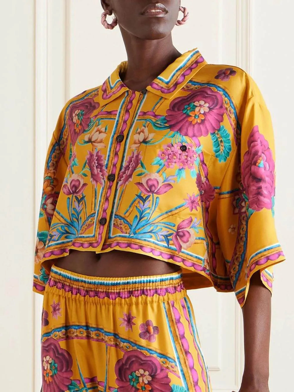 Sunset Cropped Unique Floral Printed Loose Wide-Leg Pants