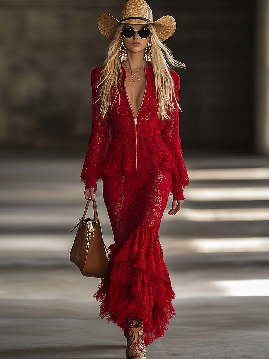Fashion Western Long Sleeve Zipper V Neck Hem Ruffle Red Lace Maxi Dress