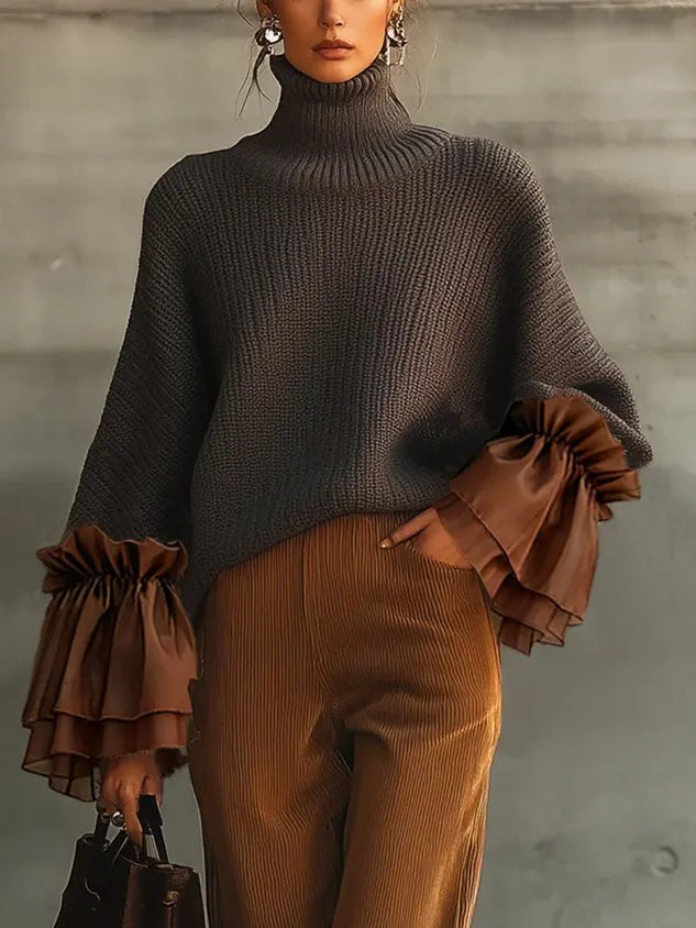 Casual Color Block Turtleneck Sweater with Sheer Ruffle Cuffs