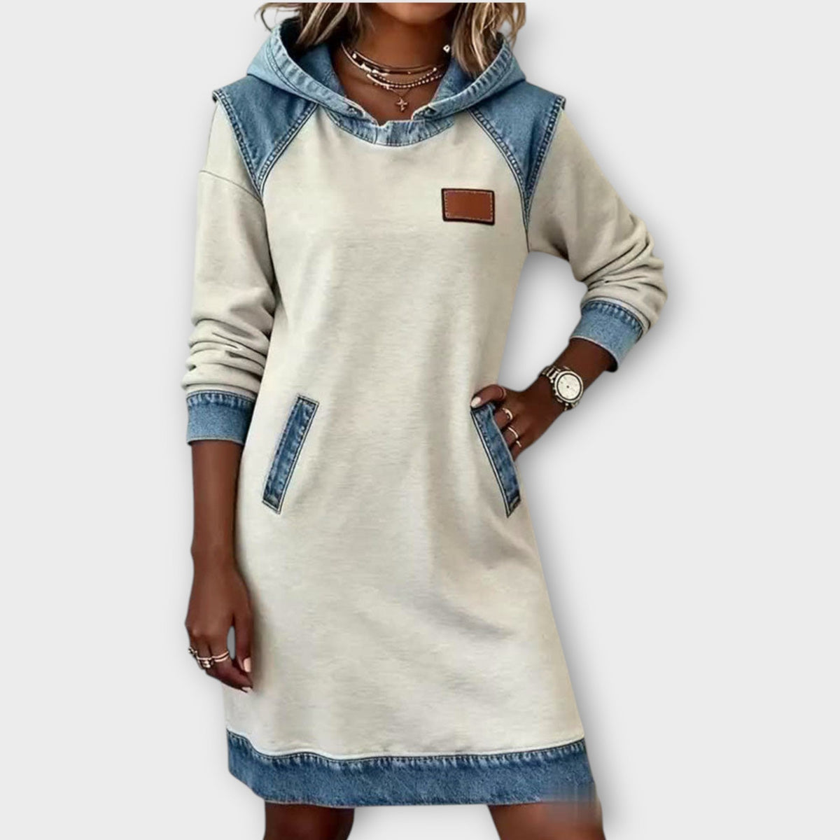 Denim-Trim Hoodie Sweater Dress