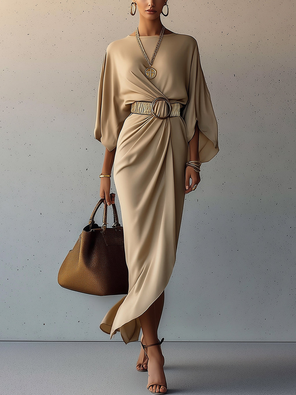 Sand Drape Belted Batwing Midi Dress