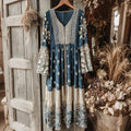 Vintage Japanese Traditional Sashiko With Lace Art Pattern Linen Blend Maxi Dress