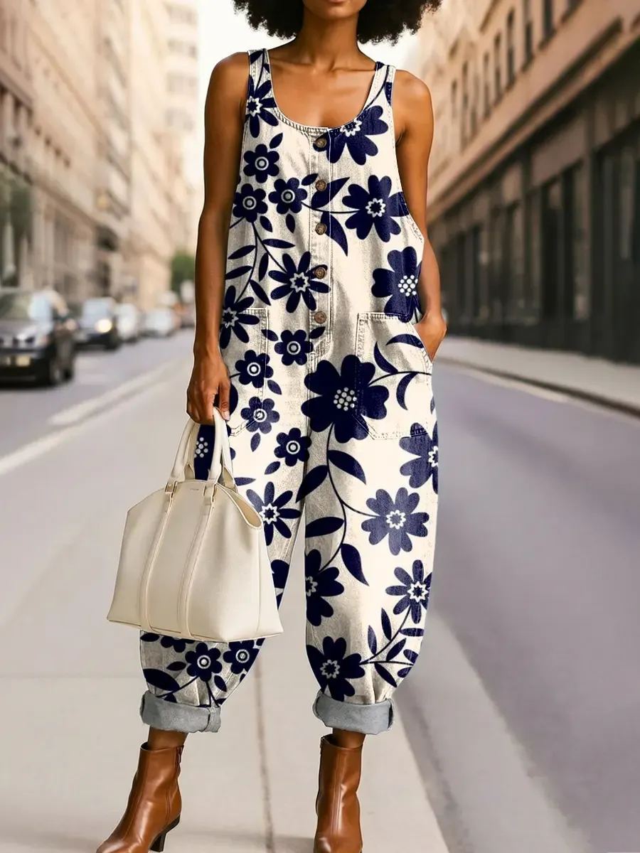 Women's Vintage Floral Art Print Casual Jumpsuit