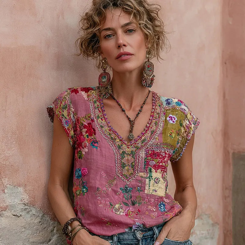 Women's Bohemian Floral Embroidery Art V-neck Short Sleeve T-shirt
