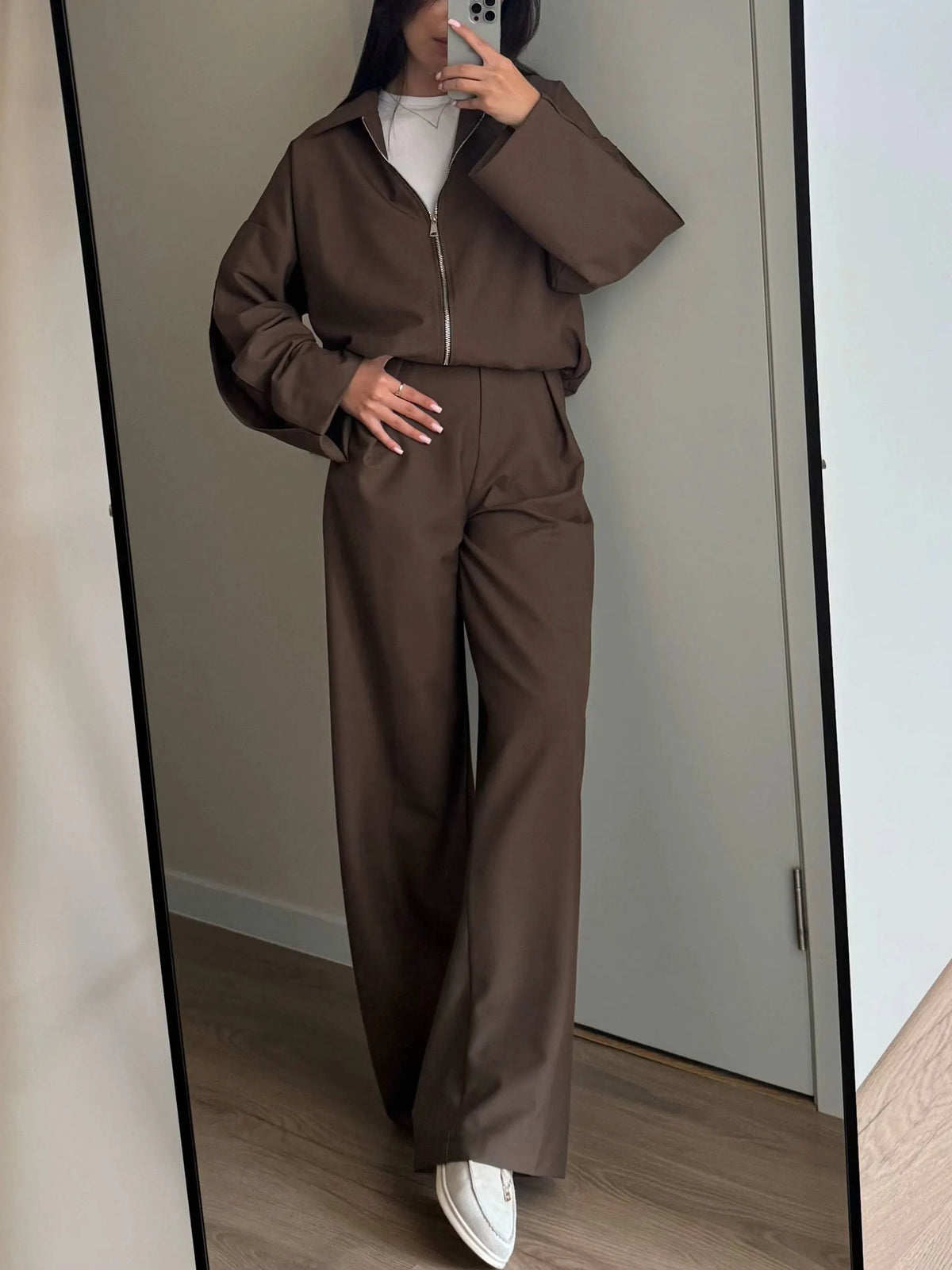 Zippered Jacket And Wide-leg Pants Two-piece Suit
