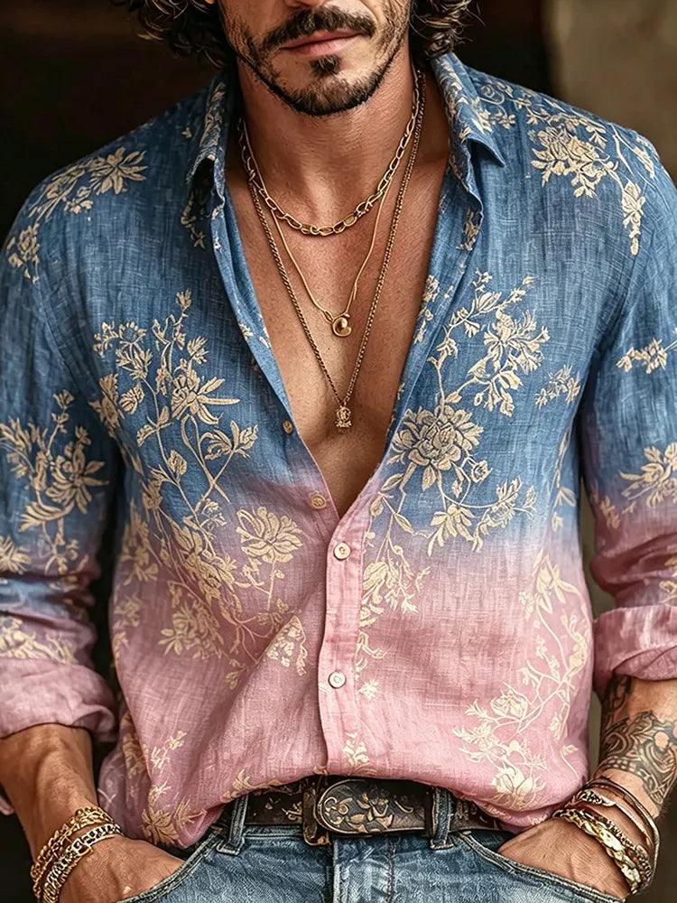Men's Retro Bohemian Floral Print Casual Linen Shirt