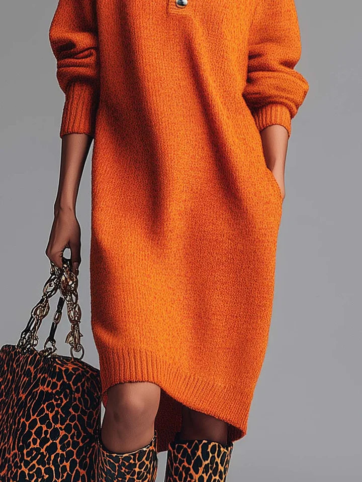 Orange Lapel Button-Front Knit Midi Dress