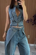 Women's Casual Slim Fit Backless Denim Vest or Layered Jeans