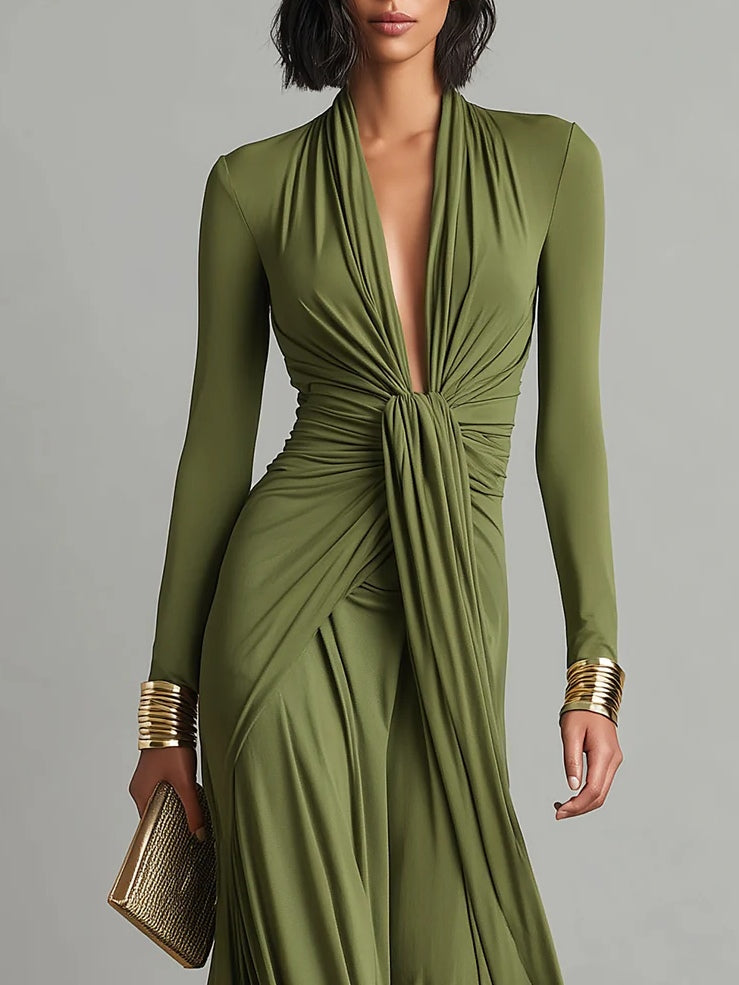 Olive Green Deep V-neck Pleated Glamorous Maxi Dress