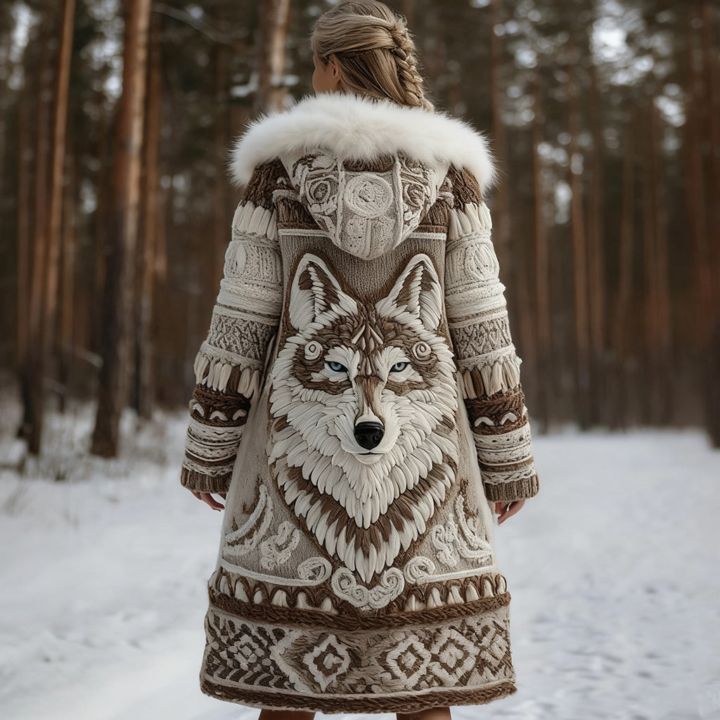 Women's Tribal Wolf Face Knitted Jacquard Long Zipper Fur Collar Cardigan