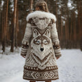 Women's Tribal Wolf Face Knitted Jacquard Long Zipper Fur Collar Cardigan