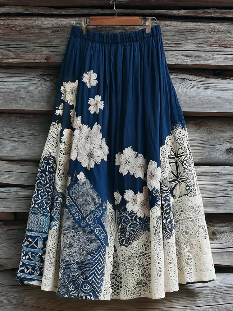 Vintage Japanese Traditional Sashiko Art Pattern Linen Blend Casual Skirt
