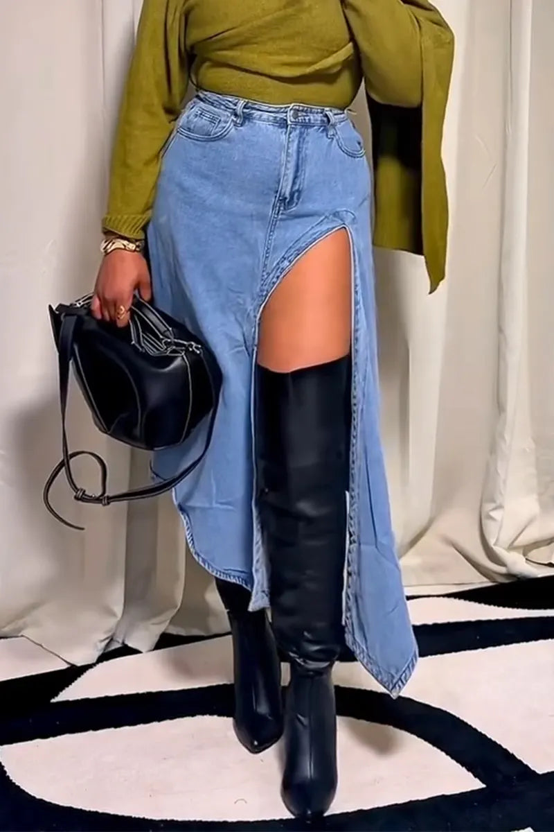 Women Slit Casual Irregular Denim Half Skirt