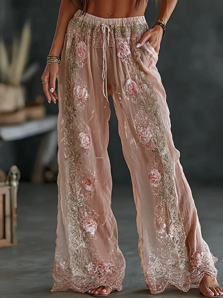 Women's Vintage Spring Floral Embroidered Art Print Flowy Linen Blend Casual Pants