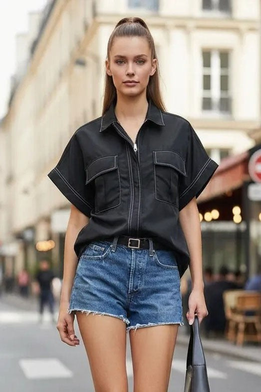 Stitch Detail Front Zip Up Blouse