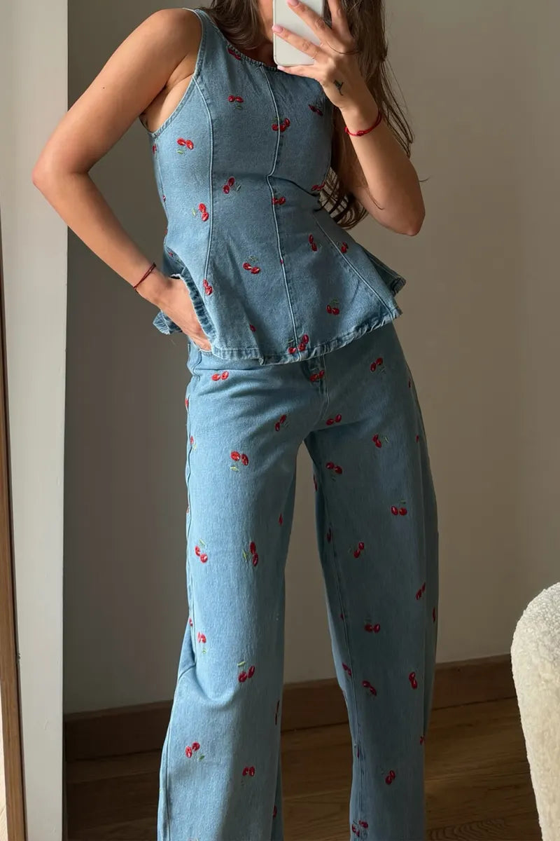 Women's Fashion Cherry Pattern Trim Denim Vest & Jeans