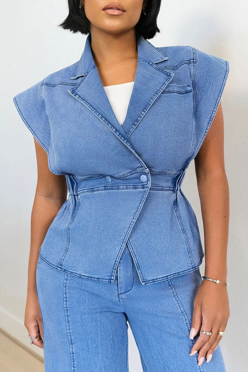 Women's Commuter Fashion Denim Lapel Vest & Jeans